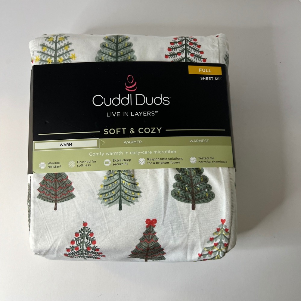 Cuddl Duds Soft & Cozy Full Sheet Set Christmas Trees White Green Red NIP
